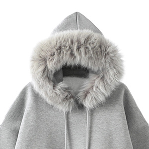 Gray Zip-Up Hooded Sweatshirt with Faux <b>Fur</b> <b>Trim</b> 100% Cotton Fleece Oversized Fit Anti-Pilling Casual Winter Men's Plain Dyed - Product Image 6