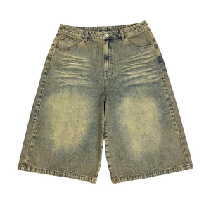 Shorts en jean vintage délavé pour homme, coupe ample, jambe large, style Y2K gothique streetwear, 100% coton tricoté, couleur unie, OEM - Product Image 1