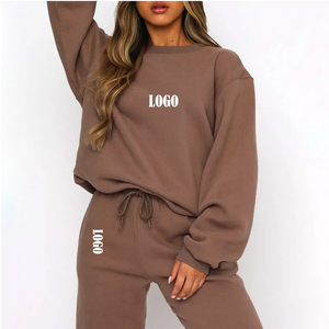 Ensemble de survêtement 2 pièces pour femme, couleur unie, col rond, manches longues, coupe ajustée, en molleton, décontracté, hiver, marron, 100% coton - Product Image 3