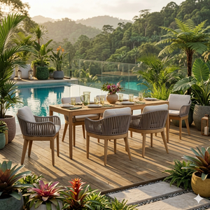 Ensemble de table à manger en teck massif de style scandinave moderne avec 6 chaises pour hôtel, restaurant, utilisation en extérieur, meubles de salle à manger durables - Product Image 3