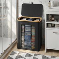 Panier à linge de grande capacité 160L avec couvercle, panier à linge à 3 compartiments, fenêtre de ventilation, sac intérieur amovible, cadre en bambou pliable
