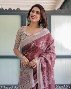 Sari indio estilo Bollywood de lino y algodón con tejido plateado y hermoso estampado digital, elegante vestido étnico para novias. - Product Image 5