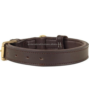 Collar de perro de cuero marrón acolchado doble de larga duración, resistente, cosido completo y ajustable, collar de perro de cuero genuino para mascotas - Product Image 2