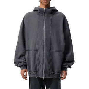 Sweat à capuche unisexe surdimensionné à fermeture éclair intégrale, style streetwear, avec logo personnalisé du fabricant, fermeture éclair bidirectionnelle, épaules tombantes, effet vieilli et délavé à l'acide - Product Image 4