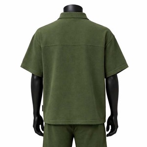 Men's Plus Size Olive Green Fleece Polo <b>Shirt</b> Short Sleeve Zipper <b>Collar</b> Casual Knitted Solid Color - Product Image 2