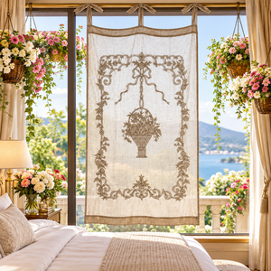 Voilage brodé en lin style panier de fleurs vintage avec nœud en ruban, cantonnière esthétique pour fenêtre, décoration européenne pour chambre et café - Product Image 1