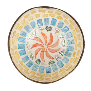 Bol en noix de coco incrusté de nacre, motif tourbillon orange et mosaïque bleue, fait main, écologique, design nordique, pour servir des collations, cadeau, vente en gros - Product Image 1