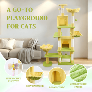Arbre à chat jaune de 71 pouces avec coussin fleuri amovible et hamac, maison et mobilier pour animaux de compagnie - Product Image 4