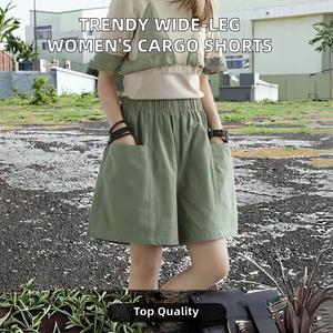 Women's Green Solid Color Elastic Waist <b>Skorts</b> With Pockets Casual Loose Fit Canvas Shorts - Product Image 3