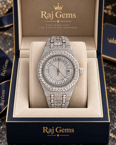 นาฬิกา Raj Gems Iced Diamond Quartz Glass ตัวเรือนกันน้ำ สายสแตนเลส สตีล แสดงวันที่ ดีไซน์หรูหรา แฟชั่นสำหรับทุกเพศ ขนาด 41 มม. - Product Image 1