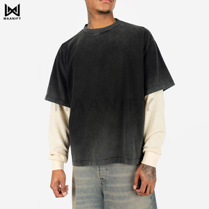 T-shirt noir surdimensionné personnalisé avec logo OEM pour homme, style streetwear à épaules tombantes, manches superposées, effet délavé au soleil, best-seller MAANIFY - Product Image 2