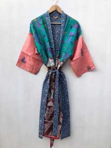 Kimono de seda 100% transpirable hasta la rodilla con cuello en V, hecho a mano con patchwork, para mujer, talla grande, estampado indio, estilo bohemio, ropa de dormir para otoño. - Product Image 6