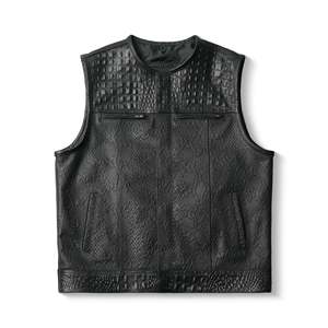 Gilet décontracté pour homme en cuir véritable noir, col en V, simple boutonnage, coupe-vent, sans manches, boutons dorés, couleur unie, pour l'hiver - Product Image 1