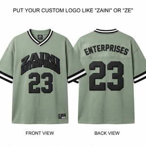 Camiseta de Fútbol Americano Unisex ZAINI, Poliéster Premium de 220 g, Verde Salvia, Negro y Blanco a Rayas, Cuello en V, Aplique 3D, Logotipo Personalizado - Product Image 1