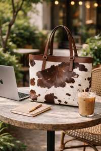 Bolso Tote de Cuero Genuino con Pelo de Vaca al por Mayor para Mujer, Bolso de Compras con Cremallera y Bordado, Portátil, de Alta Calidad LHTB-0083 - Product Image 6