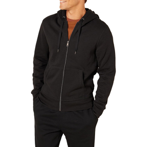 Sweat-shirt à capuche noir zippé, coupe classique, couleur unie, en polaire, veste décontractée avec poches, respirant, pour l'automne - Product Image 1