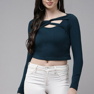 T-shirt court en maille respirante à manches longues et coupe ajustée pour femme, bleu foncé, style croisé, couleur unie, collection Printemps-Été - Product Image 1