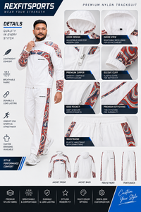 REXFIT SPORTS 2026 Ensemble de survêtement personnalisé pour homme en nylon beige, veste à capuche entièrement zippée et pantalon avec empiècements imprimés, vêtements de sport personnalisés - Product Image 2