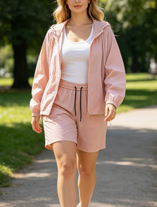 Ensemble 2 pièces pour femmes, à capuche, manches longues, couleur unie, polyester respirant, tricoté, coupe ample, longueur genou, tenue décontractée d'été - Product Image 3