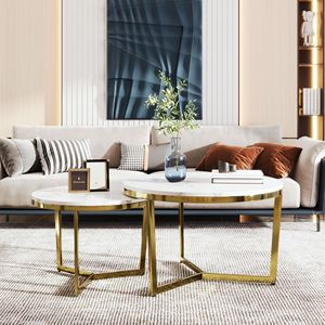 Modern 2-Piece White and <b>Marbling</b> Top <b>Coffee</b> <b>Table</b> <b>Set</b> with Gold Base Nesting Round Design - Product Image 2