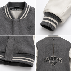 Chaqueta Varsity Gris para Hombre, Mezcla de Lana, Mangas con Botones Decorativos, Cierre con Botones Cubiertos, Corte Cuadrado, Estilo Urbano Personalizado, Transpirable, OEM - Product Image 4
