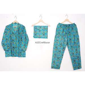 Conjunto de Pijama para Mujer, 100% Algodón, Manga Larga, Estampado Floral Digital, Cintura Elástica, Cuello Camisero, Lujoso, Casual, Transpirable y Suave - Product Image 1