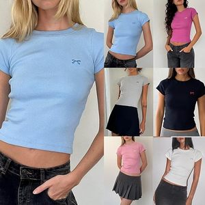 Camiseta Corta Blanca para Mujer, Cuello Redondo, Manga Corta, Corte Ajustado, Lazo Bordado, Color Sólido, Informal, Primavera Verano, Jersey - Product Image 4