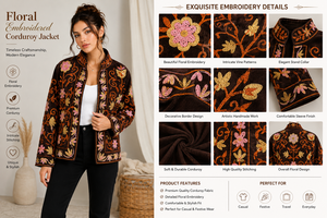 Elegant Velvet Embroidered <b>Jacket</b> With Floral Pattern <b>Mandarin</b> <b>Collar</b> Full Sleeve Winter Women's Coat - Product Image 4