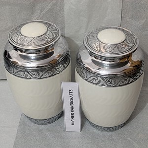 Elegant White Enamel Adult <b>Urn</b> - Handcrafted Detailed Engraving Cremation <b>Urns</b> - <b>Large</b> Metal Funeral Vessel for Bulk Purchase - Product Image 2