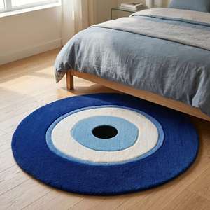 Alfombra Redonda Moderna Antideslizante de Lana Azul con Diseño de Ojo Turco y Símbolo de Protección Nazar para Sala de Estar, Dormitorio y Decoración del Hogar - Product Image 3