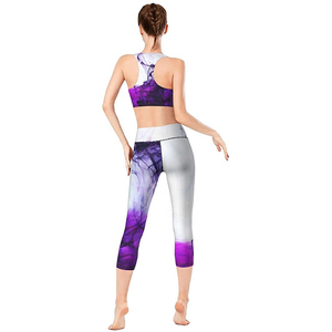 Purple Abstract Print Yoga Set Women 2 Piece High Waist <b>Crop</b> <b>Top</b> Capri Leggings Breathable Spandex Polyester Workout Wear - Product Image 5