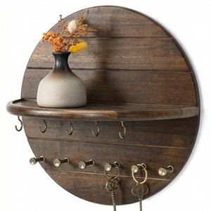 Handcrafted Acacia Wood Bohemian <b>Key</b> Holder with Brass Hooks - Wholesale - Product Image 1