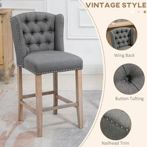 Juego de 2 taburetes de bar con altura de mostrador, 27 pulgadas, respaldo capitoné con adornos de clavos y patas de madera en gris - Product Image 4