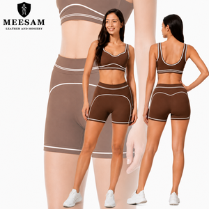 Shorts de yoga et de Pilates sans couture, côtelés, respirants, à col ras du cou, en élasthanne écologique, taille mi-haute, de marque célèbre, vente en gros - Product Image 3