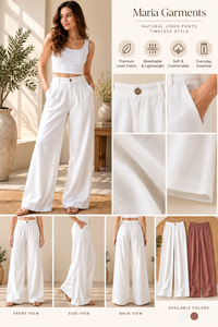 Trending Factory Direct Casual <b>Summer</b> White Tee & High Waist Solid Linen <b>Trousers</b> Two-Piece Set Bulk - Product Image 2
