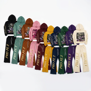 Ensemble de survêtement décontracté en coton épais avec design graphique imprimé, comprenant un sweat à capuche et un pantalon de jogging, style streetwear tendance - Product Image 1