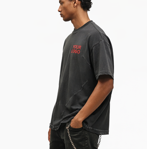 Custom Distressed Oversized T <b>Shirt</b> Raw Edge Light Acid Wash Oversized Down Shoulder Tee <b>Patchwork</b> T <b>Shirt</b> For Men - Product Image 4