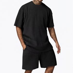New Men's Solid Color Casual Outfit <b>Knit</b> Short Sleeve & Shorts <b>Set</b> Lightweight Beachwear Elastic Waist Summer Relaxation - Product Image 1