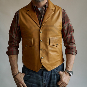 Gilet en cuir véritable marron de qualité supérieure pour homme - Gilet de style western classique avec boutons-pression, prix abordable, gilet en cuir personnalisé OEM - Product Image 4