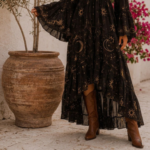Women Boho <b>Bell</b> Sleeve Maxi Dress Viscose Polyester Woven Breathable Anti-Pilling Long Dress - Product Image 5