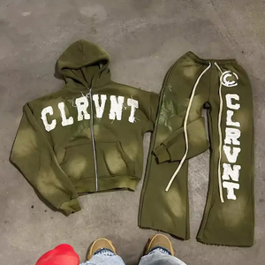 Screen Print Sun Faded Winter Heavyweight Breathable Quick Dry Streetwear Custom Cotton Rhinestone Acid Wash Zip Tracksuit - Product Image 1