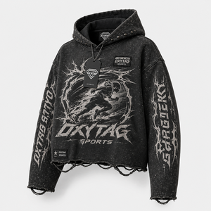 Premium Custom Acid Wash Heavyweight Rhinestone Studded <b>Grunge</b> Streetwear Distressed Raw Hem Vintage Graphic Unisex <b>Hoodie</b> - Product Image 1