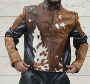 Blouson en cuir de vachette pour homme, style motard, patchwork cuir de vachette à poils, imprimé animal marron et blanc, fermeture éclair, col montant - Product Image 3