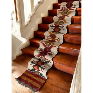 Geometric Pattern Stair <b>Runner</b> Rug Bohemian Style Flat Weave Wool Acrylic Non-Slip Rubber Backing Hallway Use - Product Image 1