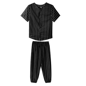 Unisex Black Striped <b>Baseball</b> Jersey Set Short Sleeve Button Front Elastic Waist Pants All Seasons Adult Wear - Product Image 1