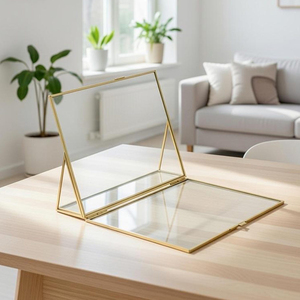 <b>Rectangular</b> Glass <b>Mirror</b> Frame With Brass Trim Tabletop Horizontal Reflective Design Clear Glass <b>Gold</b> Finished Home Office Deco - Product Image 5