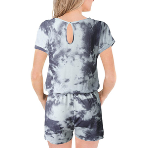 Ensemble 2 pièces tie-dye pour femme, short et haut à manches courtes, col rond, coupe ample, respirant, tricoté, décontracté, au-dessus du genou, avec poches, printemps-été - Product Image 5