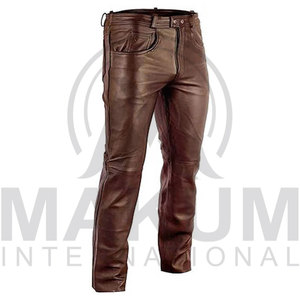 Pantalon en cuir marron pour homme, sur mesure, taille haute, coupe droite, fermeture boutonnée, style motard - Product Image 4