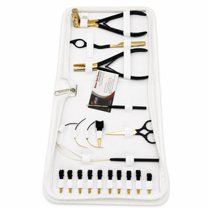 Kit d'outils professionnels pour extensions de cheveux en acier inoxydable de haute qualité, noir et or, avec pinces micro-anneaux, pinces à boucles, ciseaux et pinces à bandes. - Product Image 1