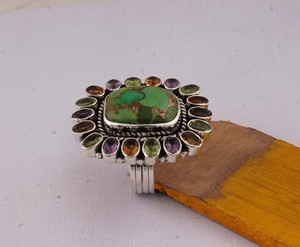 Anillo de Plata de Ley 925 con Turquesa Verde Natural y Múltiples Piedras Preciosas, Anillo de Piedras Mixtas, Estilo Vintage, Colorido - Product Image 1